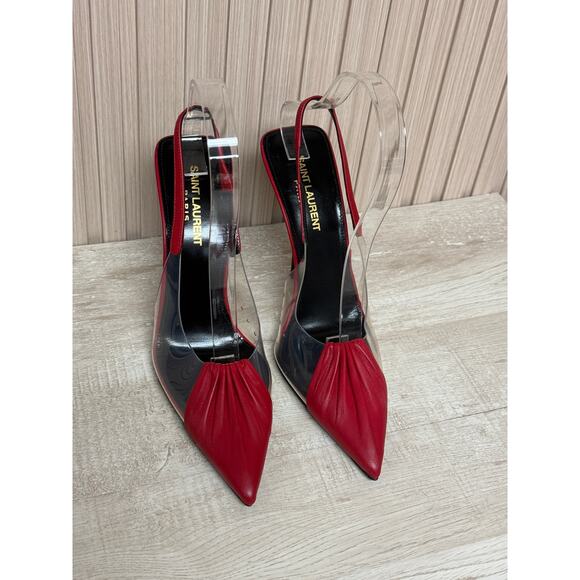 Saint Laurent Calfskin PVC Chica 115 Slingback Pumps Sz 37.5 in Red Leather - Picture 5 of 13